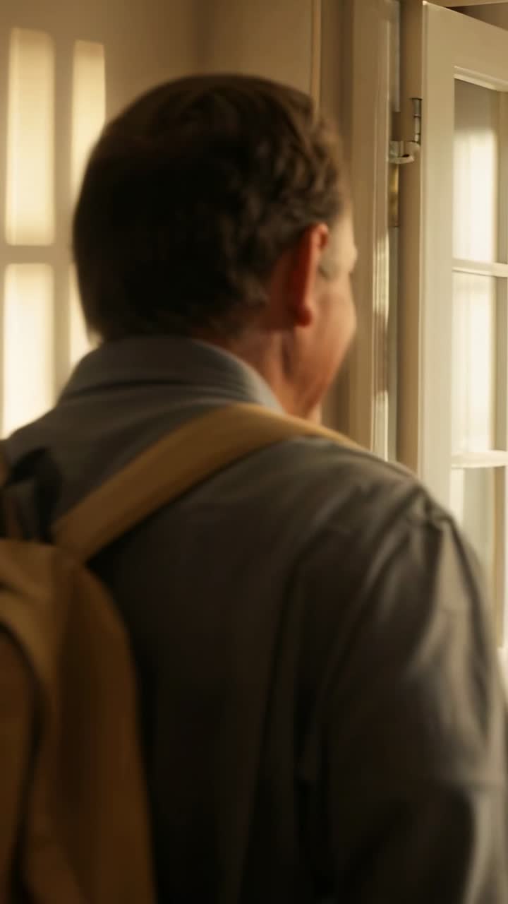 Adult male with tan backpack stepping into home as partner extending hand, receiving item leaving