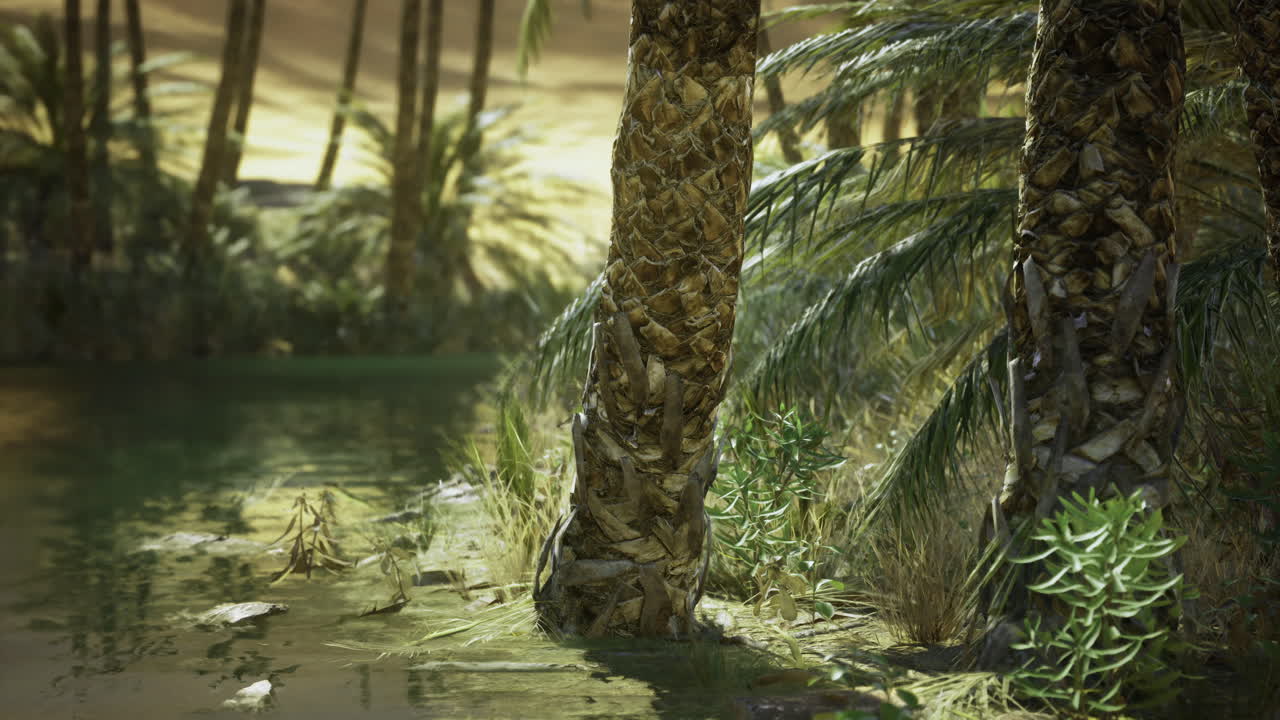 A peaceful oasis showcases tall palm trees surrounded by lush greenery