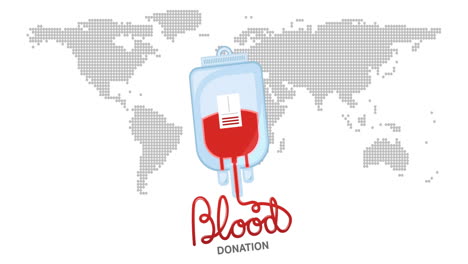 animación del icono de la donación de sangre y texto sobre el mapa del mundo