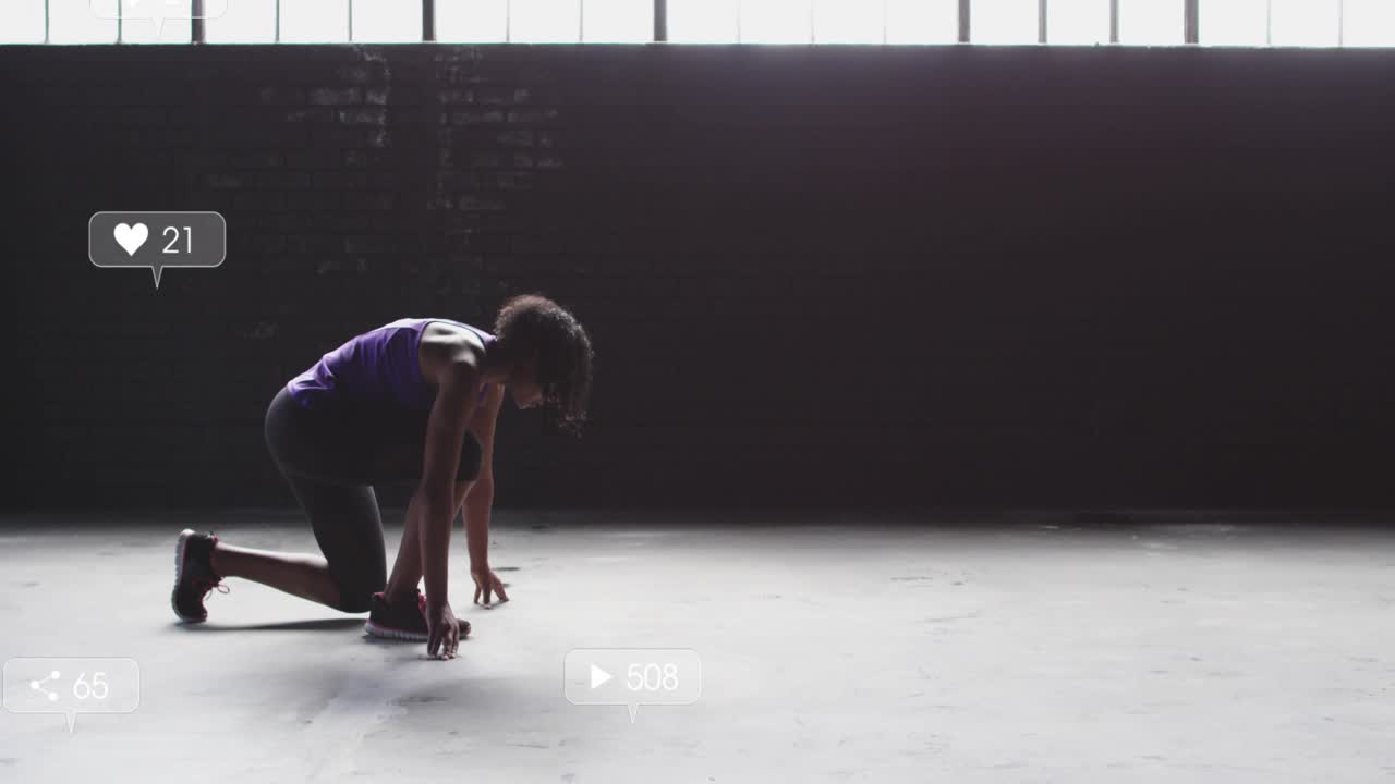 Woman holding start pose while incoming social media icons drifting around her, testing engagement