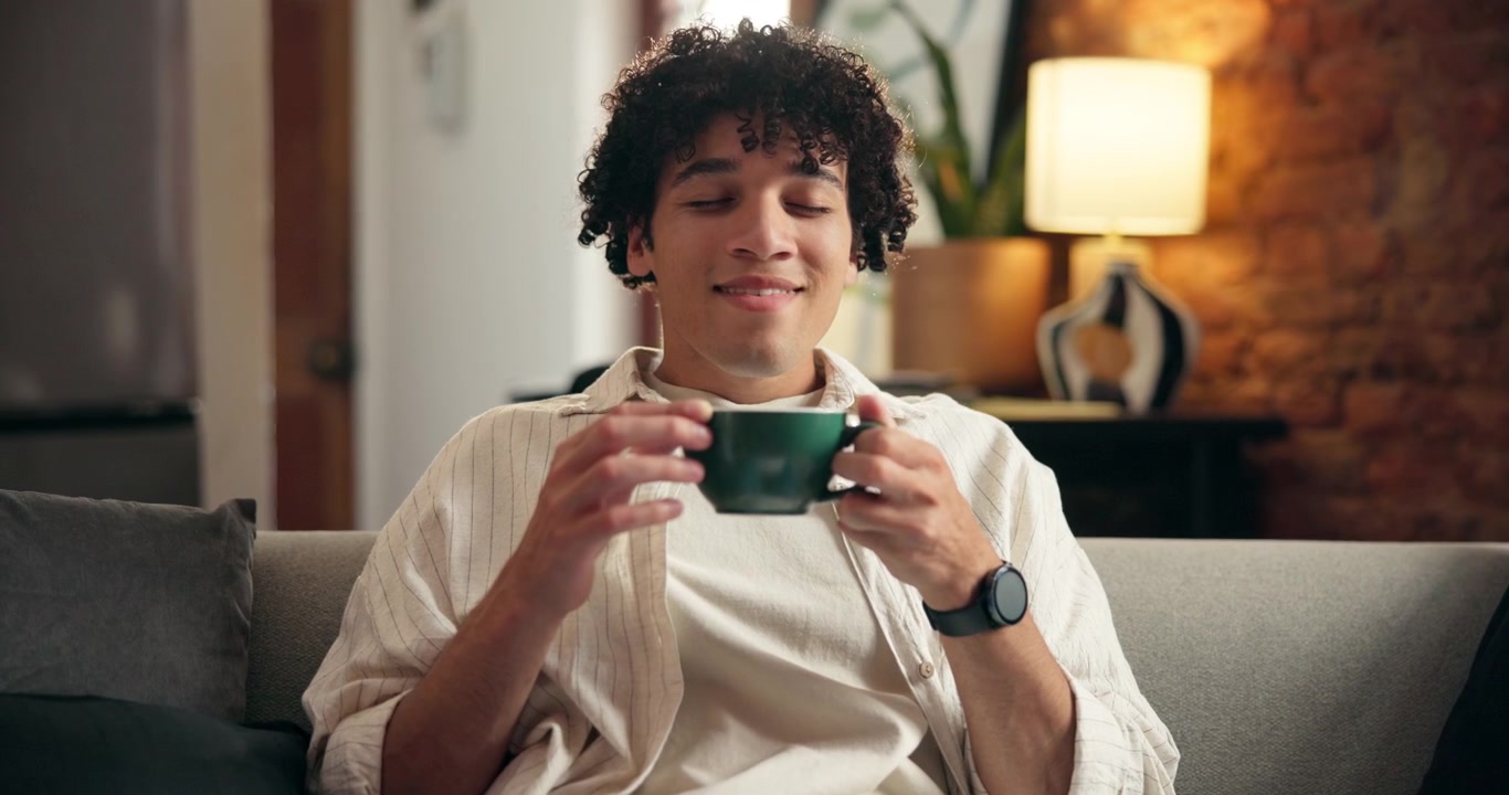 Giovane Uomo Rilassato sul Divano Mentre Tiene in Mano una Tazza di Caffè