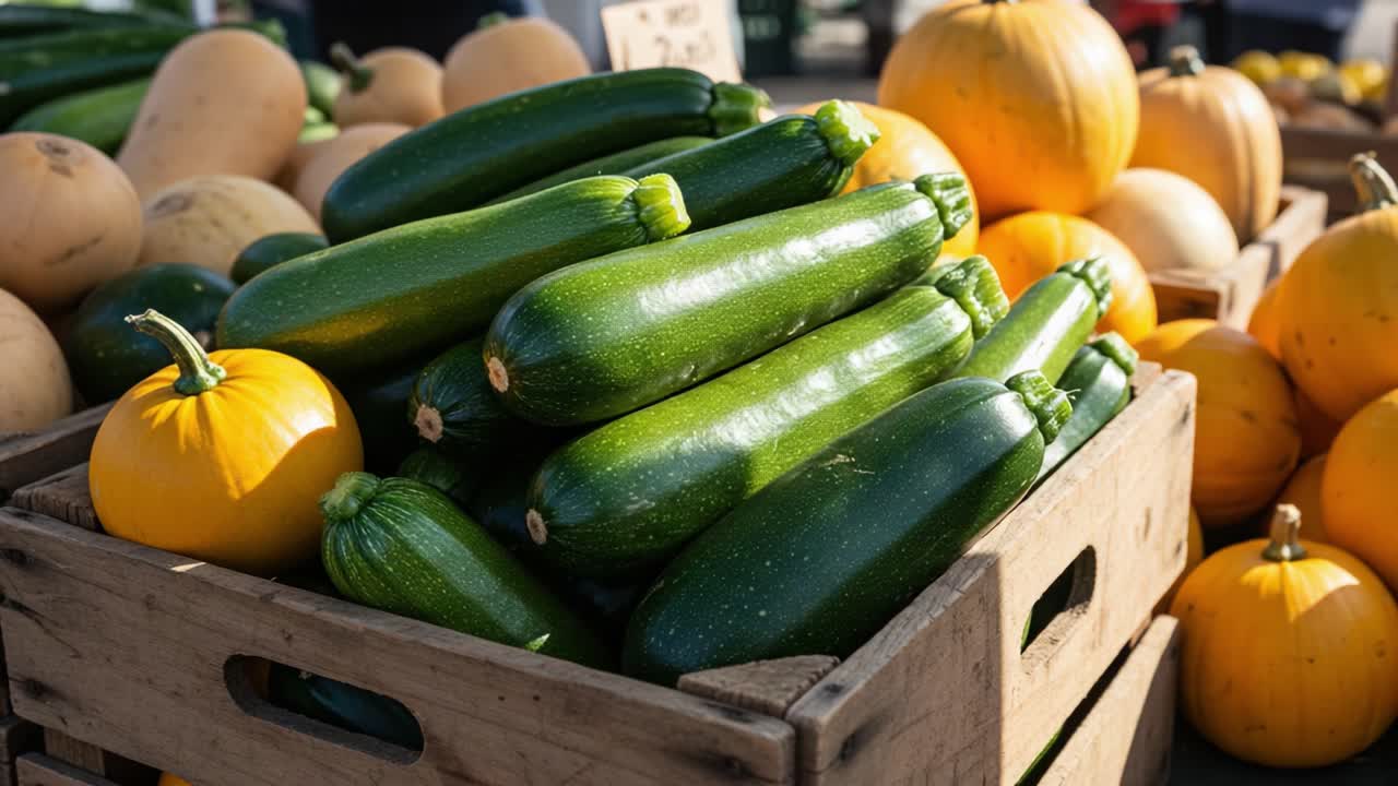Vibrant Harvest: Fresh Green Zucchini and Golden Squash Displayed Beautifully in Wooden Crates at a Bustling Market