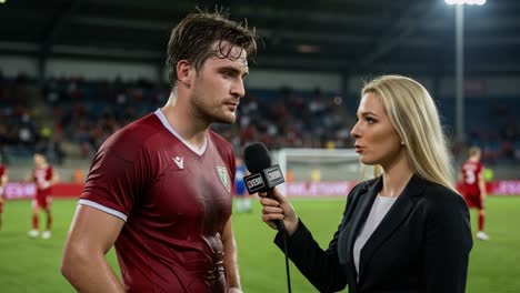 post-match interview with a player in a dramatic soccer game, capturing emotion and insights on the field after an intense competition