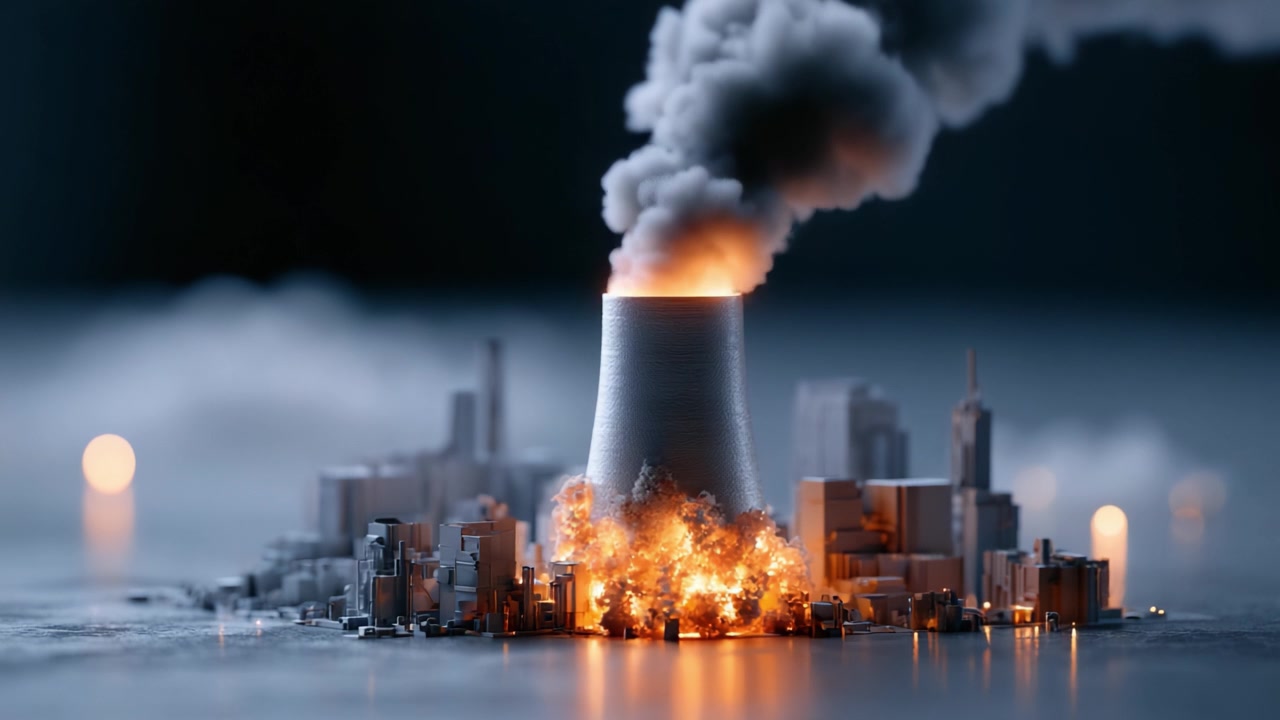 Scena drammatica di una centrale elettrica in fiamme con fumo scuro che si sprigiona nel cielo, raffigurante il caos in un paesaggio urbano in miniatura