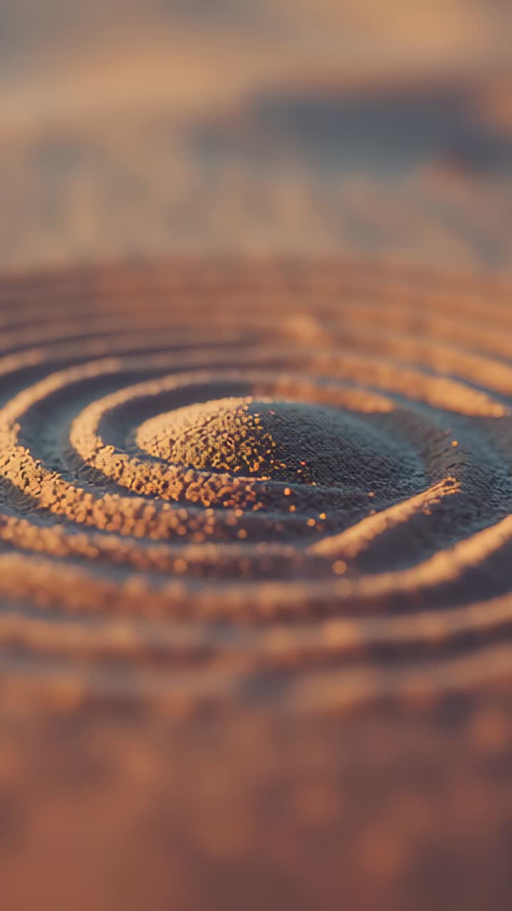 Vertical video: Pushing camera forward revealing mound at zen tray showing raked rings and grain