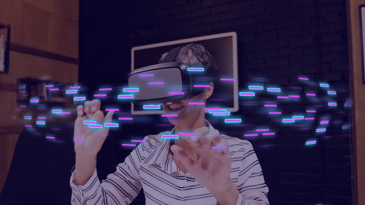 Animation of glowing light trails of data transfer over caucasian woman in vr headset