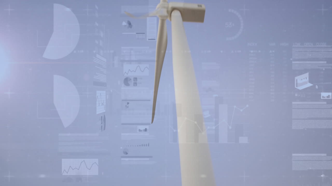 Wind turbine featuring rotating blades reaching upward, displaying translucent charts across sky