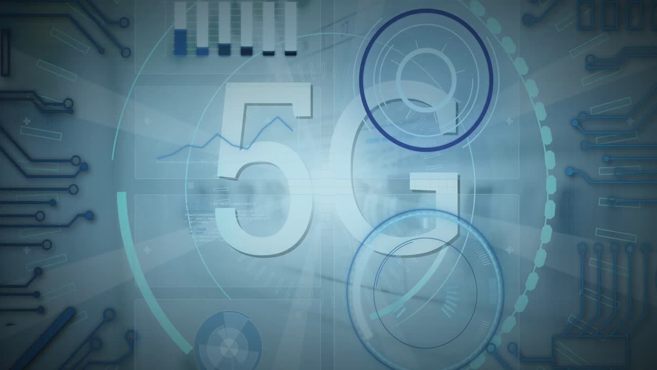 animación de texto 5g y procesamiento de datos sobre fondo gris