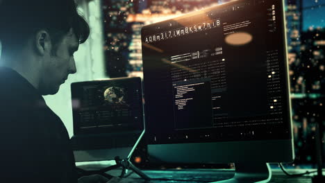 Cybercrime concept : A cybercriminal-hacker trying to breached crypto currency address security by using algorithm source code to exploit weakness in password security