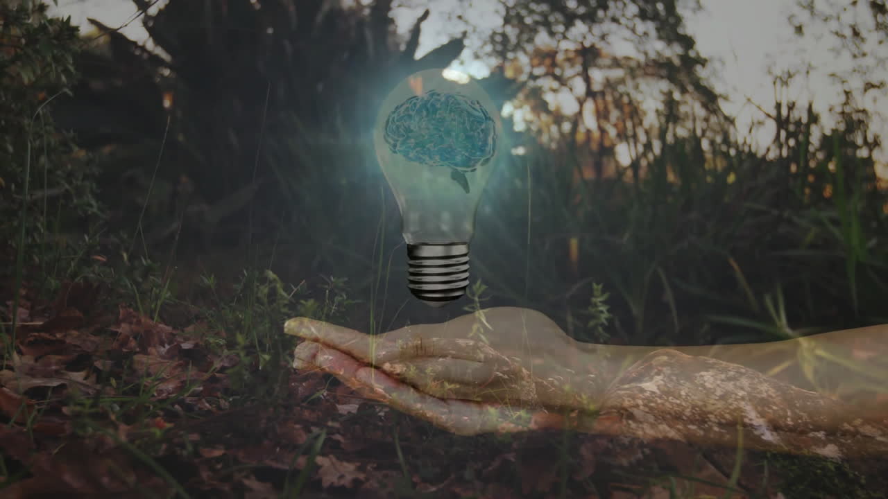 Holding glowing light bulb with brain, hand against forest background animation