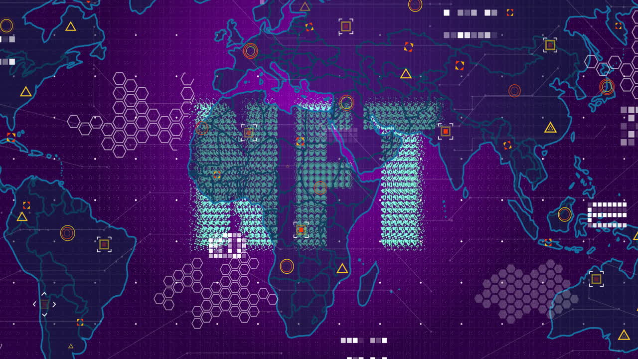 Digital world map with data processing elements and NFT text in animation