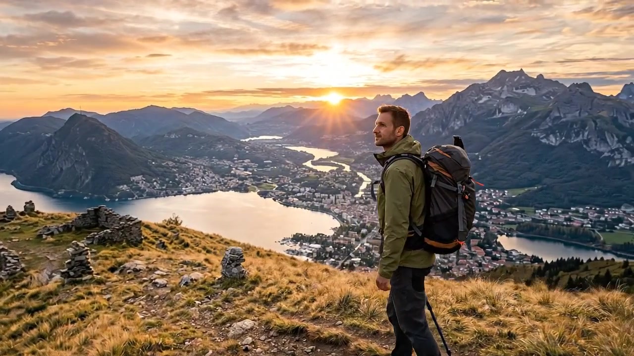 Viaggiatore che si gode un punto panoramico montano all'alba