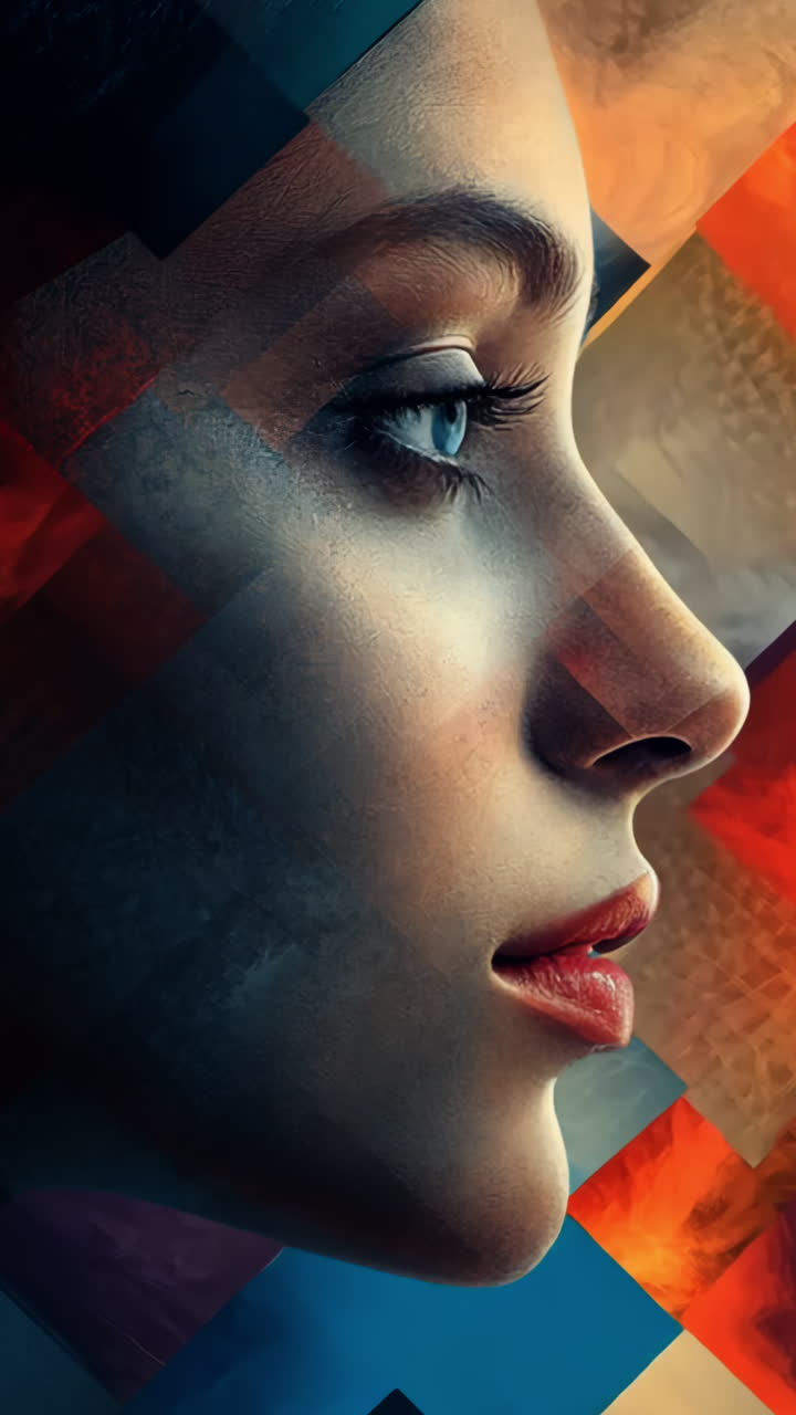 A woman's face is shown in a collage of squares and triangles. The image has a bold and modern feel, with the woman's features emphasized by the geometric shapes. The colors of the squares
