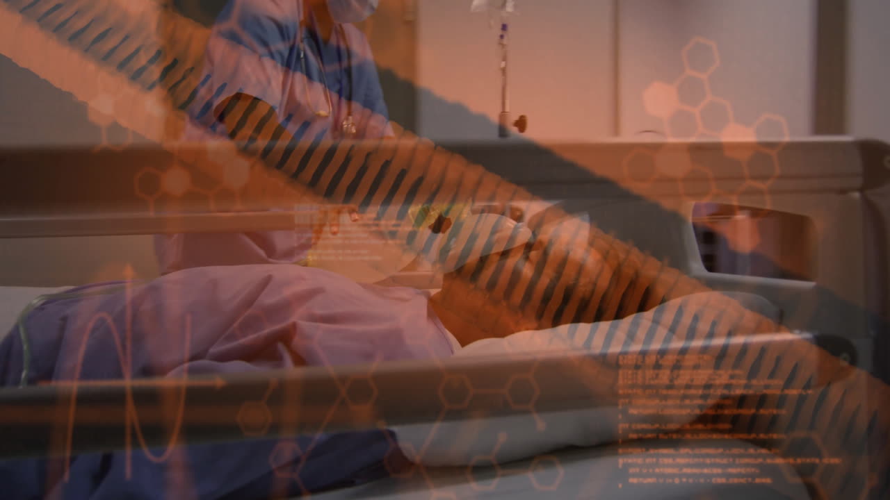 In hospital, healthcare professionals attending patient with DNA data animation overlay