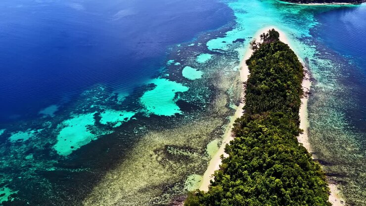 Vista dall'alto dell'Inoladoan Private Island Resort a Port Barton, San Vicente, Palawan, Filippine. Ripresa aerea con drone.