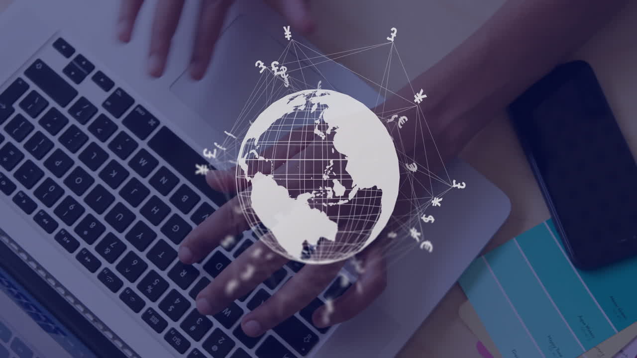 animación del globo y procesamiento de datos sobre mujer caucásica usando computadora portátil