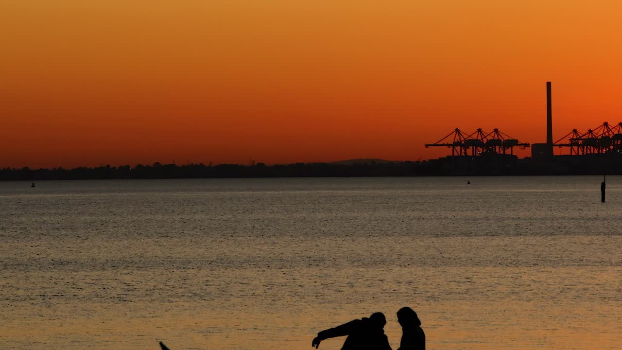 A couple sits by the water as seagulls fly against a vibrant orange sunset sky.