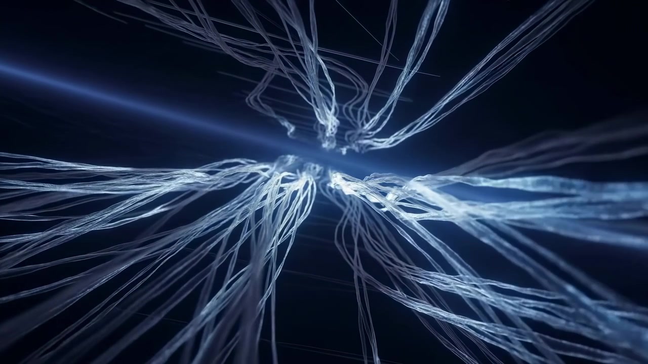 Fine luminous strands sweep from surrounding darkness into a radiant center, creating layered depth, curved motion, and cool blue highlights across an abstract composition.