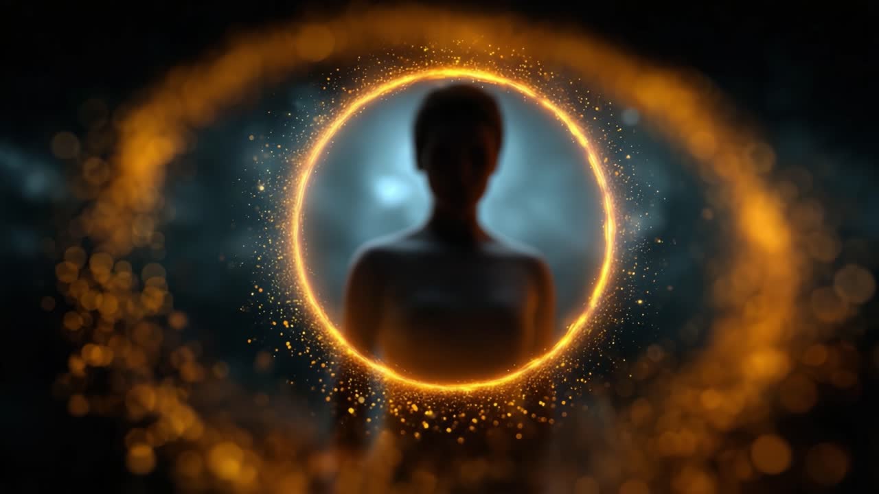 Mysterious Silhouette Enveloped in a Glowing Orb of Sparkling Light in a Darkened Environment, Evoking a Sense of Enigma and Intrigue in the Scene