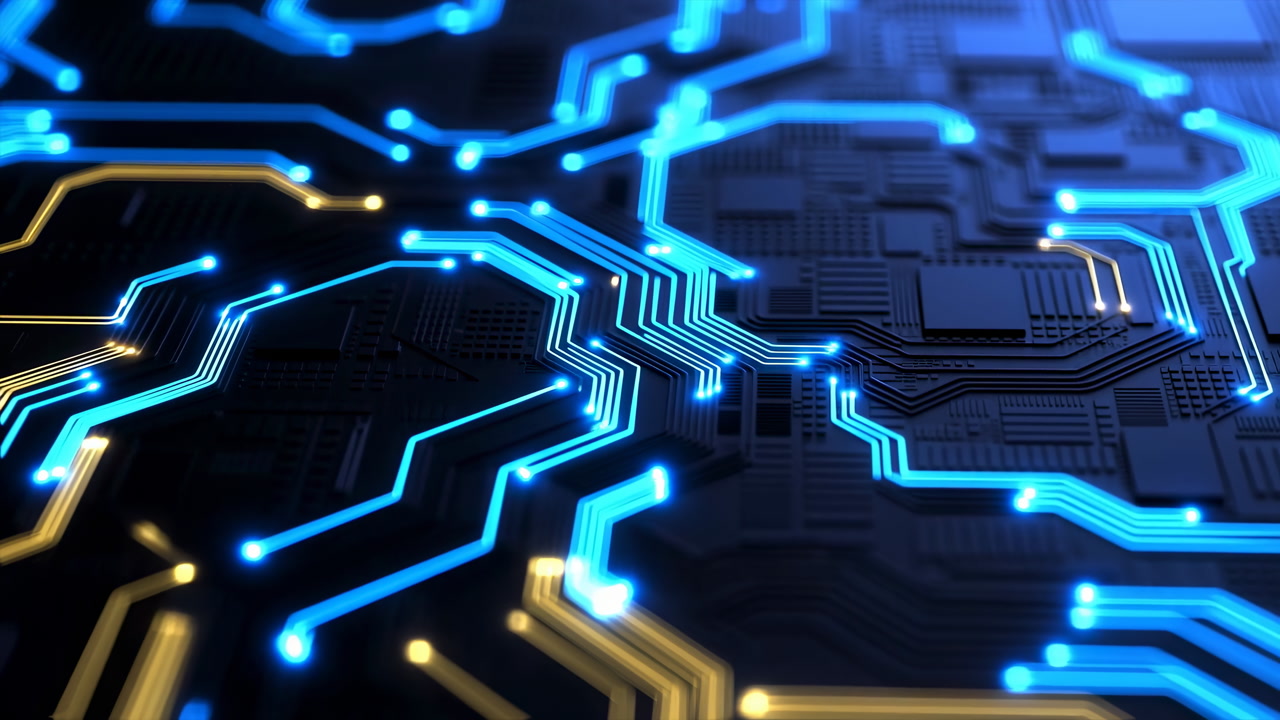 Glowing Circuit Board With Neon Traces Closeup, Intricate Pathways And Illuminated Nodes Conveying Digital