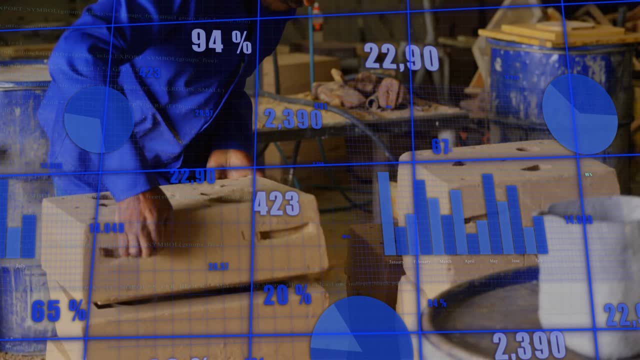 Hantverkare lyfter block, inspekterar utskärningar och staplar formar för produktion med animerade diagram
