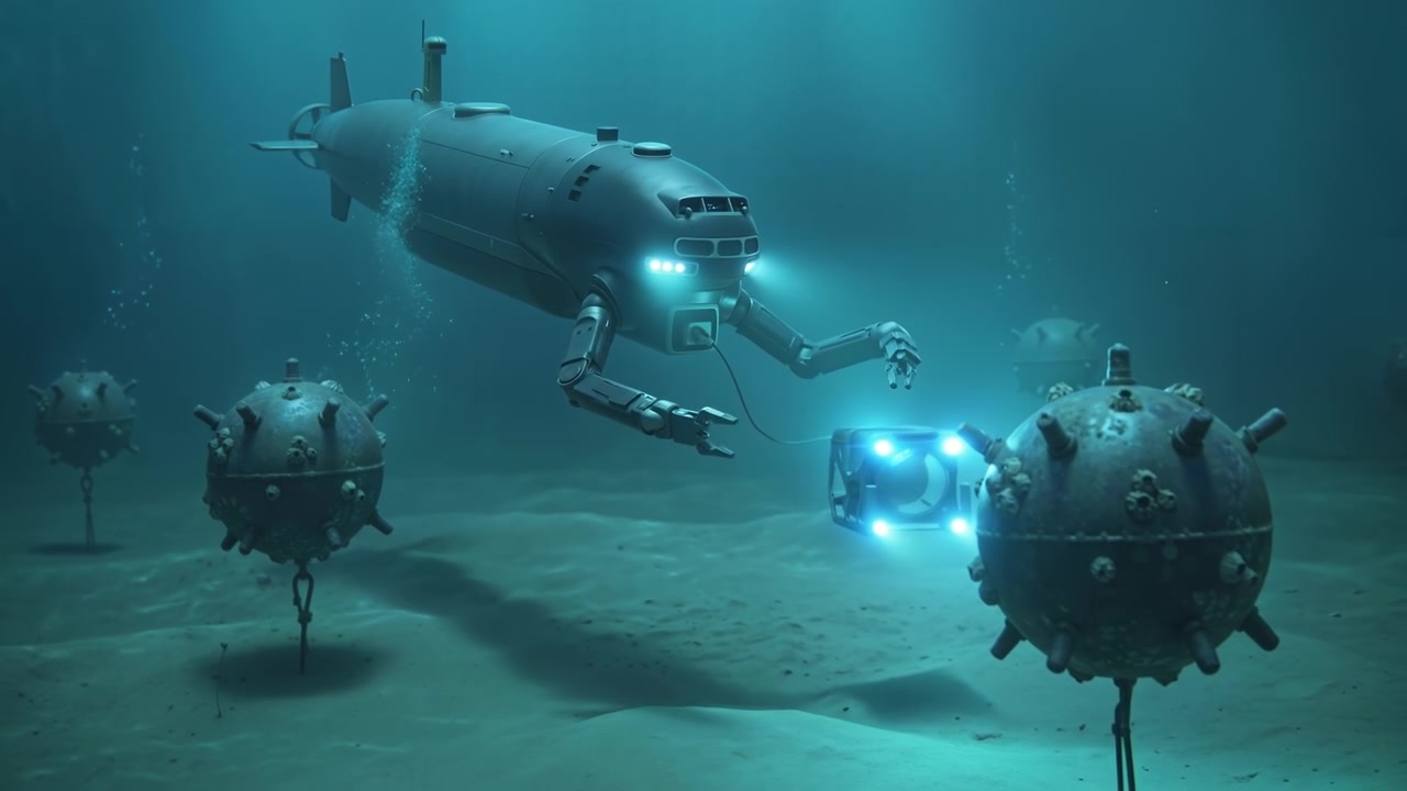 Sottomarino futuristico e un piccolo drone che ispezionano mine subacquee sul fondale oceanico