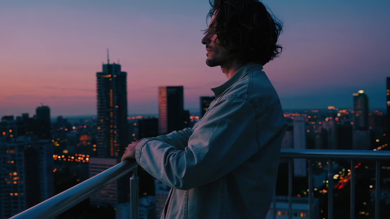 Man on a balcony overlooking the city at sunset