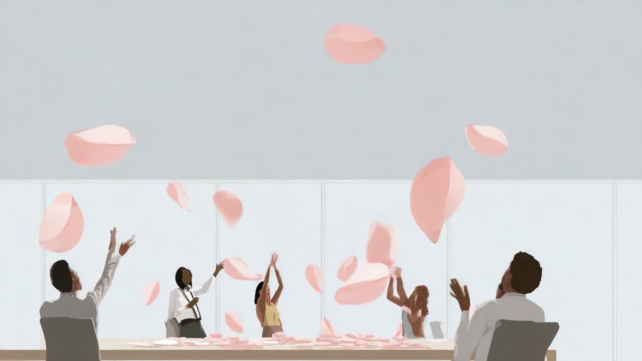 Celebration and Joy: A Vibrant Scene of People Reveling in the Airborne Petals During a Gathered Event in a Contemporary Room Setting, Symbolizing Success and Happiness