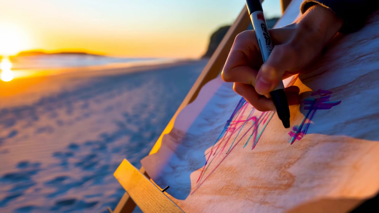 Close-up hand continues coloring an abstract sketch in blue and pink on textured paper, while warm evening light fades over sand and reflective water beyond drawing board.