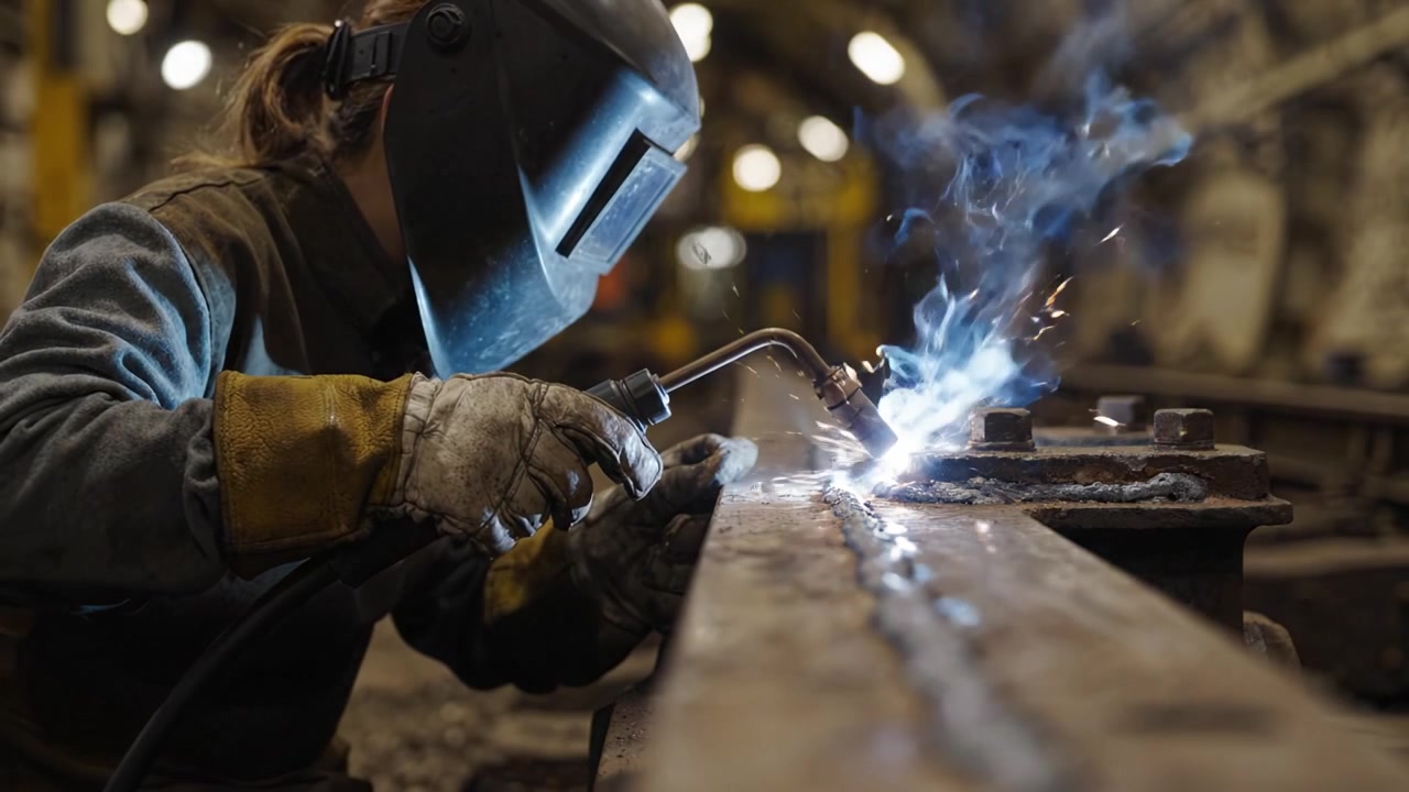 A welder in protective gear skillfully operates a torch, fusing metal with a bright flame, showcasing precision and craftsmanship in an industrial setting.