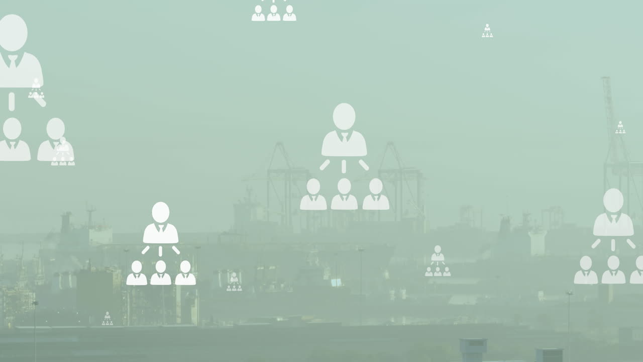 도시 풍경의 공중 전망에 대해 떠다니는 프로필 아이콘 네트워크의 애니메이션