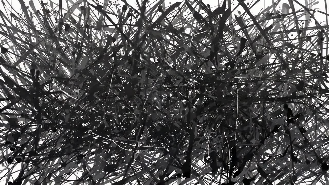 Opening white canvas receiving black ink strokes and droplets in seconds, forming dense lattice