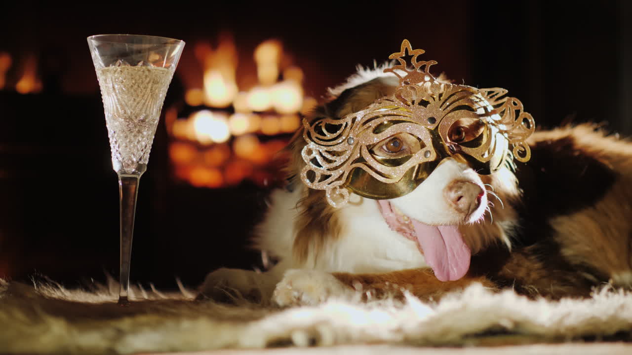 Un cane con una maschera di carnevale giace accanto al camino. Un bicchiere gli sta accanto. Tema festivo con animali domestici