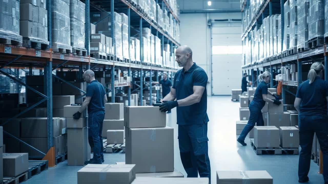Operazioni di magazzino efficienti: membri del team che collaborano per gestire l'inventario e garantire un flusso di lavoro regolare tra scatole impilate e scaffalature organizzate