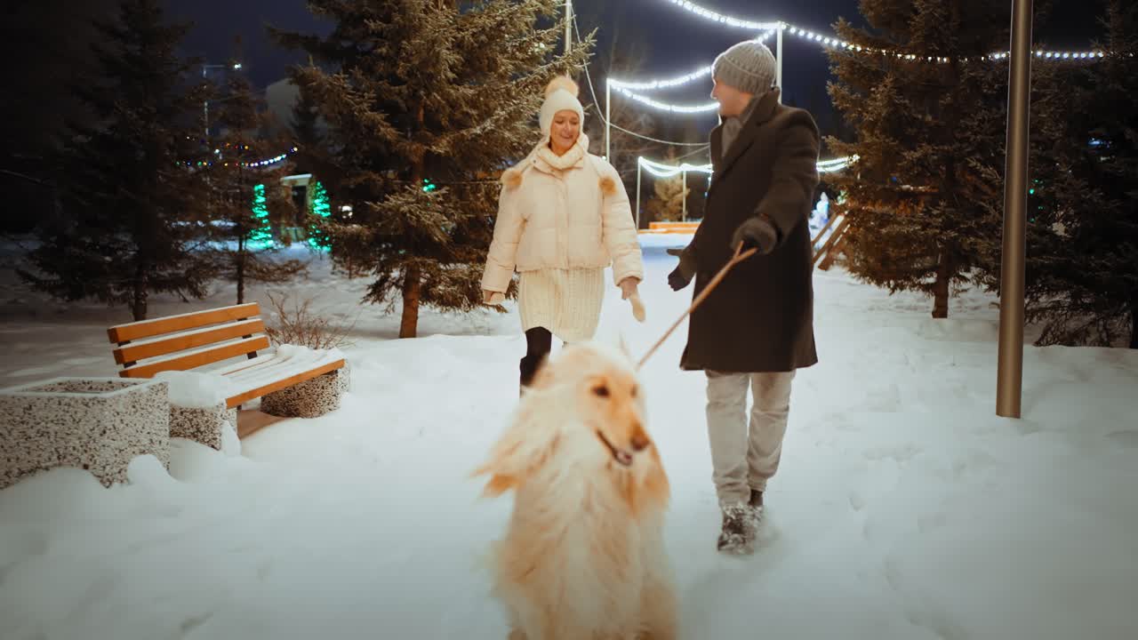 Couple Walking Dog in a Snowy Park at Night
