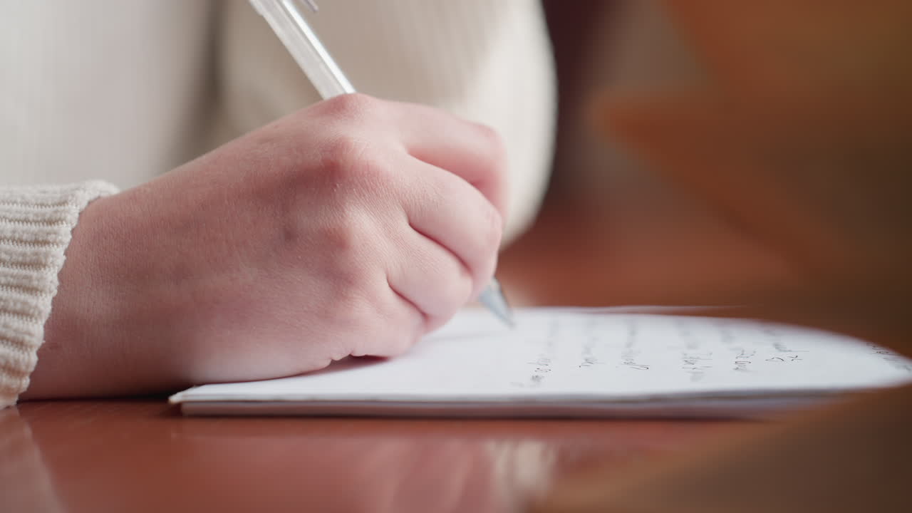 extreme close up of student writing on notebook with blurred open book in foreground and warm lighting reflecting on wooden table in cozy indoor environment