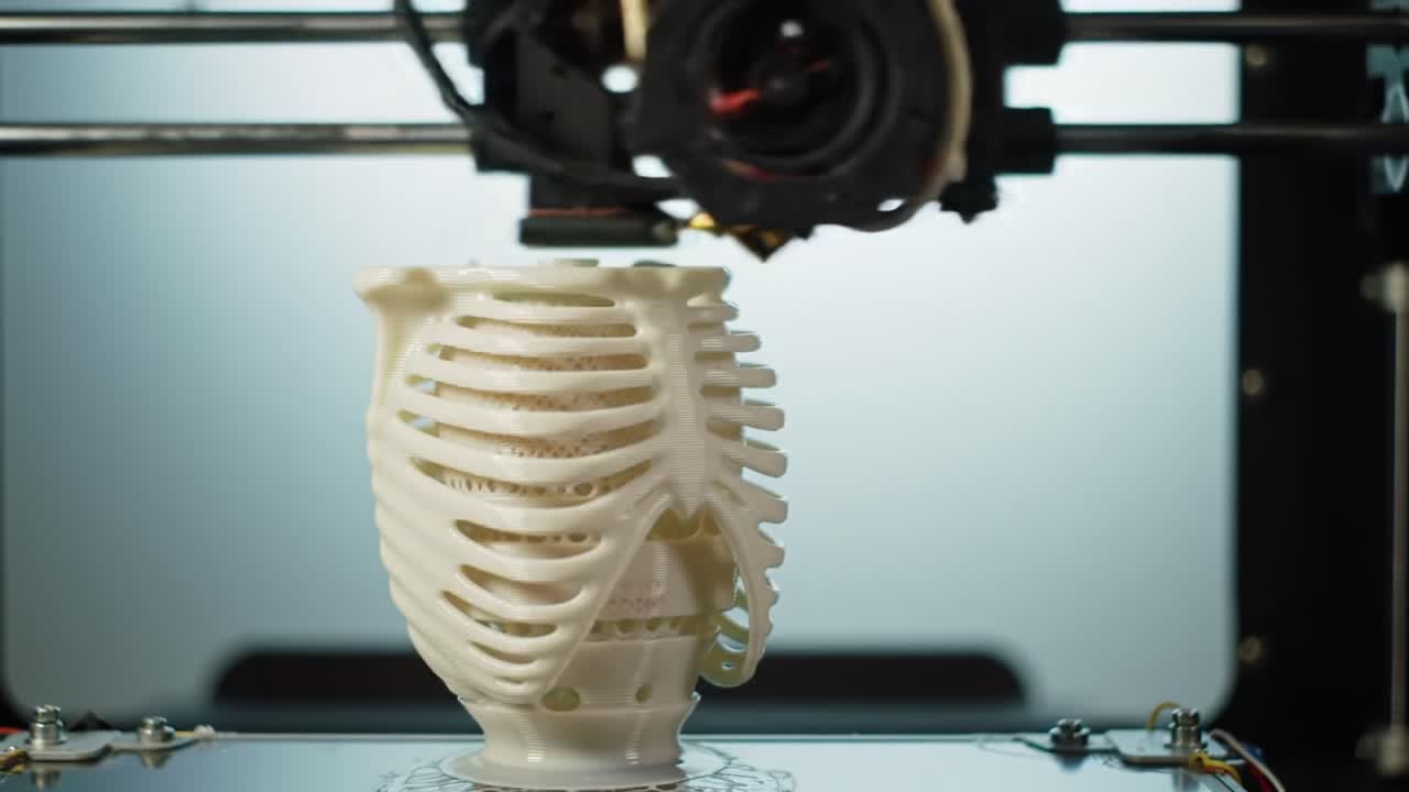 A Fascinating 3D Printing Process Showcasing the Layer-by-Layer Creation of an Intricate Ribs-Designed Object Evolving from Initial Structure to Completion