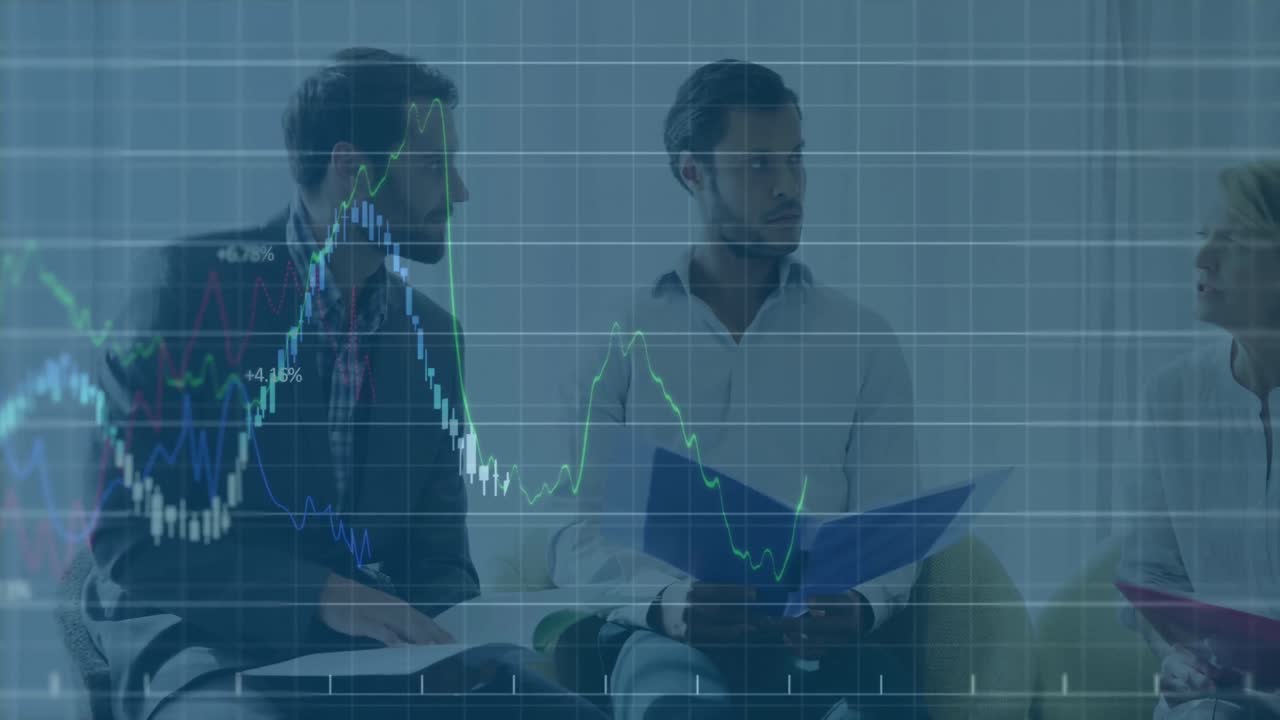 Animation of statistics and financial data processing over business people