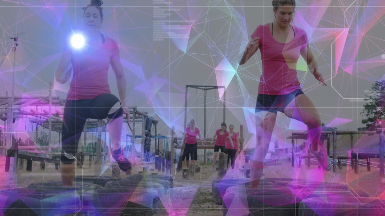animación de formas y procesamiento de datos sobre mujeres diversas en carreras de obstáculos.