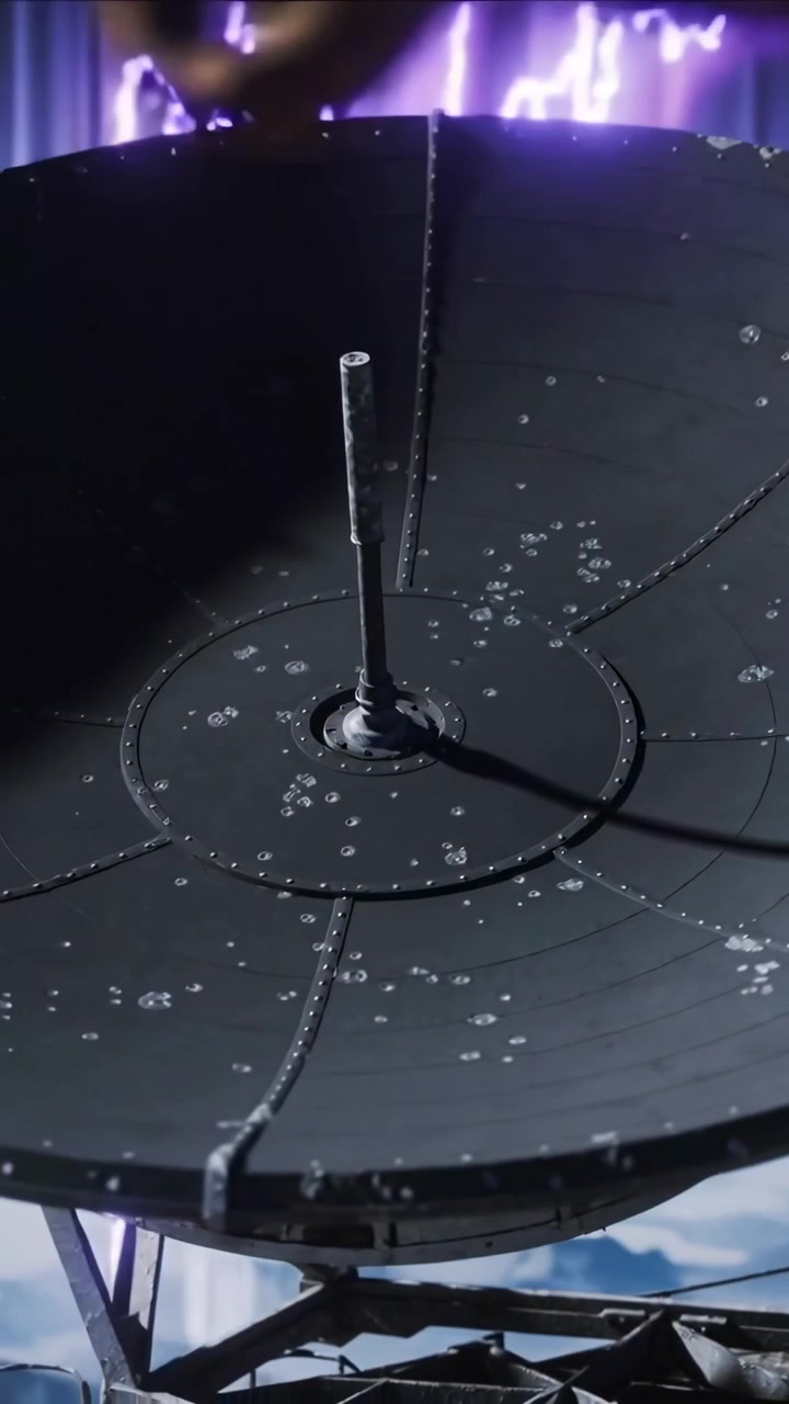 Video verticale: Telecamera che si allontana rivelando un'antenna parabolica in cima a una collina con palo di alimentazione, goccioline, archi viola.
