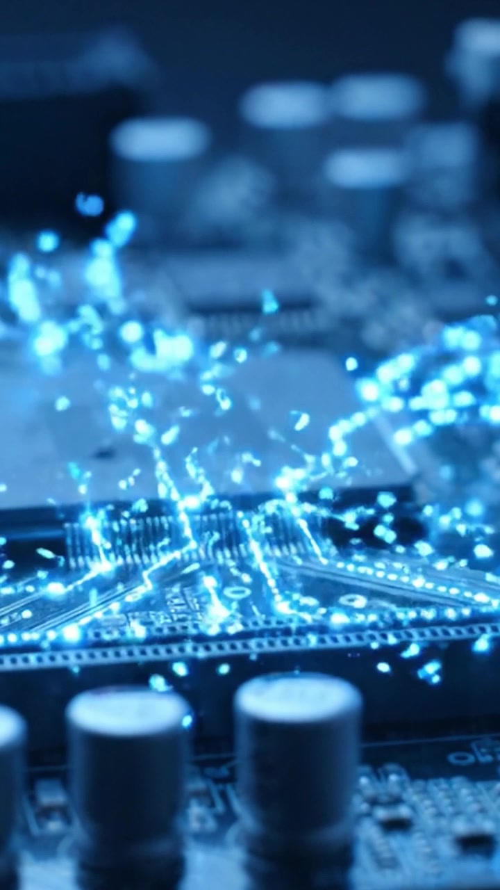A Close-Up Exploration of a Circuit Board as It Transforms with Pulsating Blue Light Effects, Capturing the Essence of Technology and Innovation in Modern Electronics