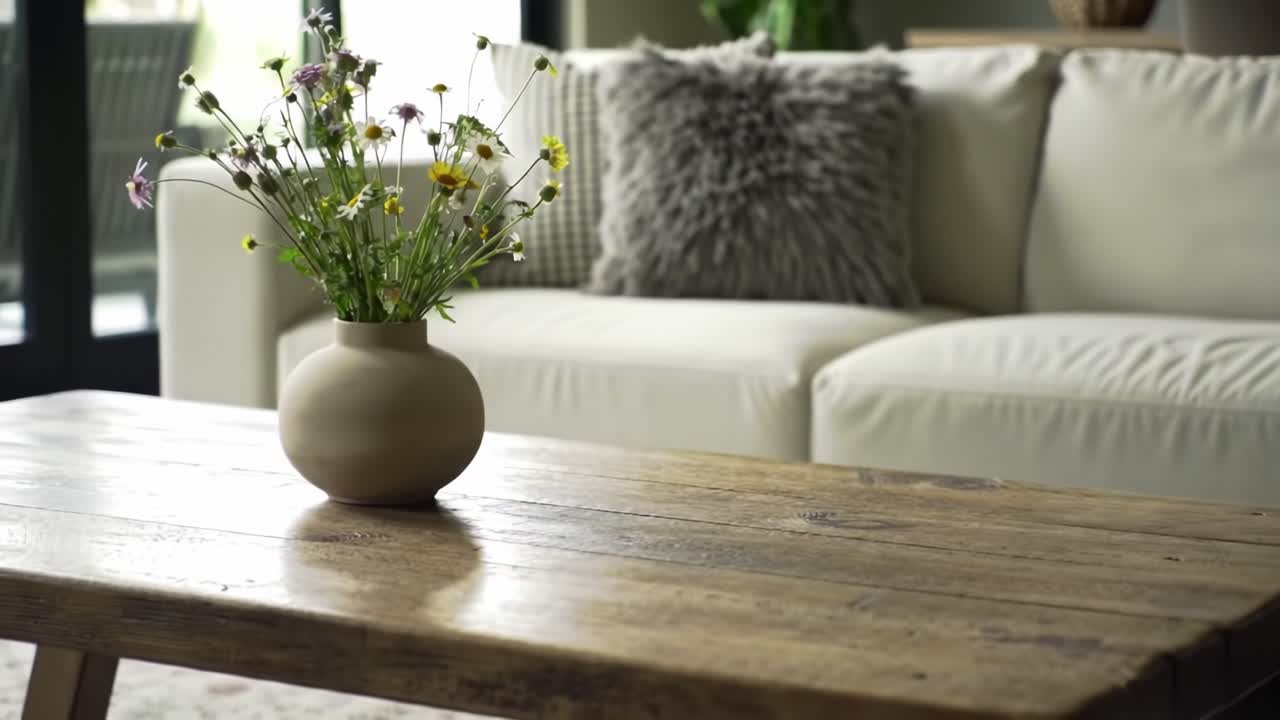 Mysig vardagsrumsscen med ett rustikt soffbord i trä och elegant blomsterarrangemang, kompletterat med en plyschsoffa för en välkomnande atmosfär