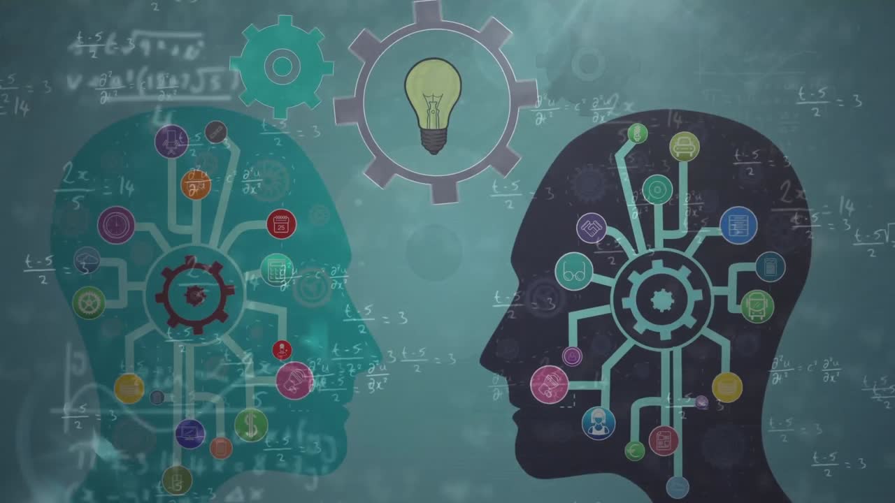 múltiples iconos digitales que comparten más de dos modelos de rostros humanos contra ecuaciones matemáticas flotantes