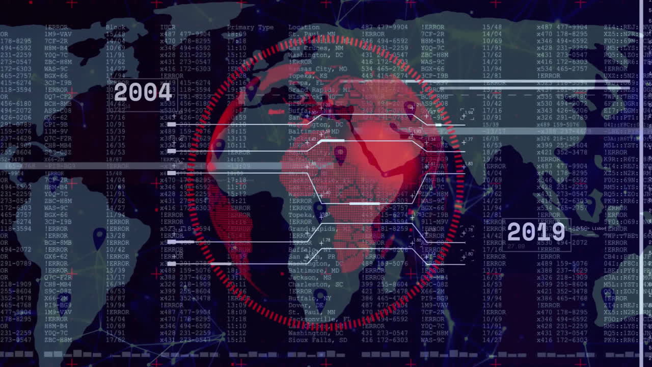 데이터와 숫자를 가진 디지털 세계 지도, 아프리카와 유럽에 대한 애니메이션