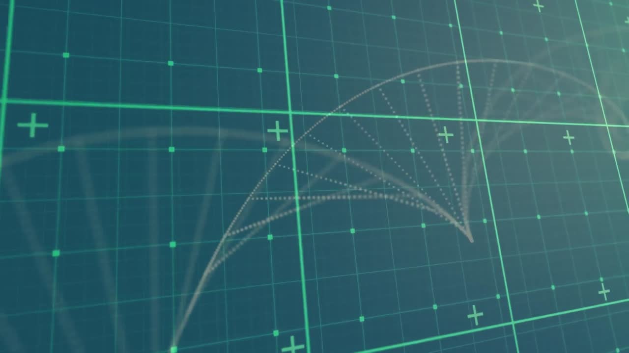 파란색 배경에 회전하는 dna 구조를 통해 그리드 네트워크의 디지털 애니메이션