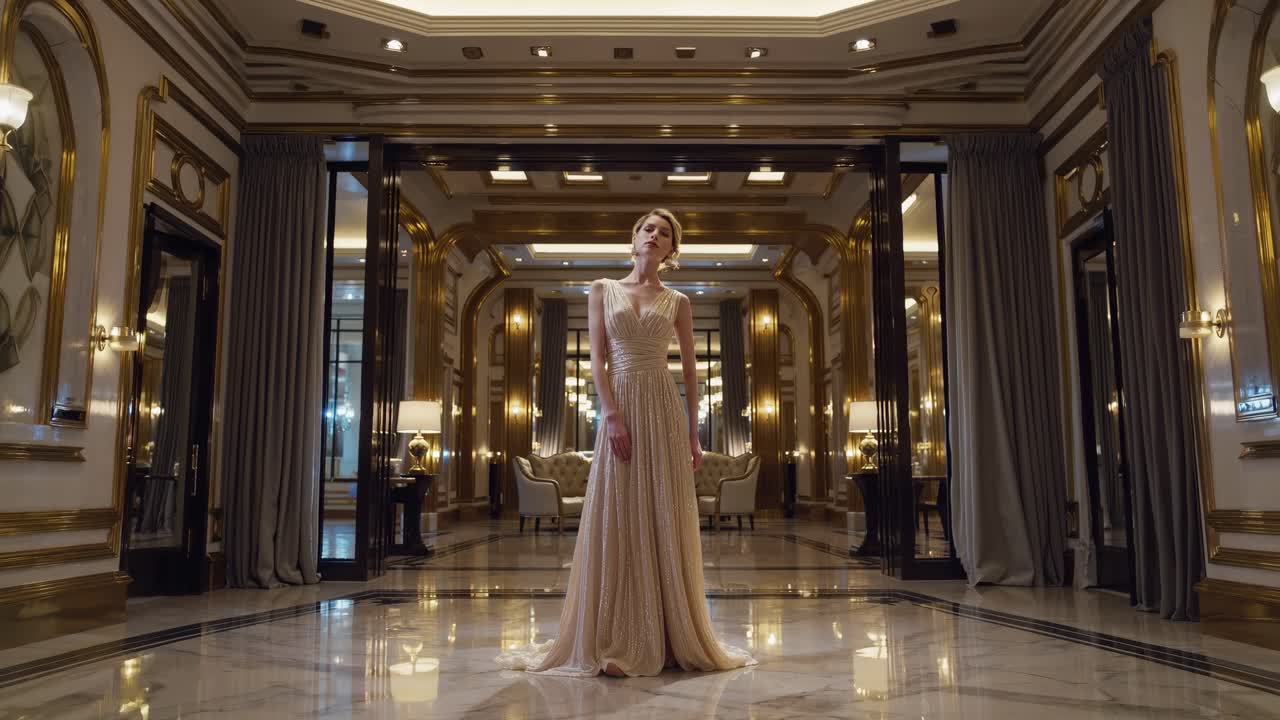 Woman in a Beige Gown in a Luxury Hotel Hall