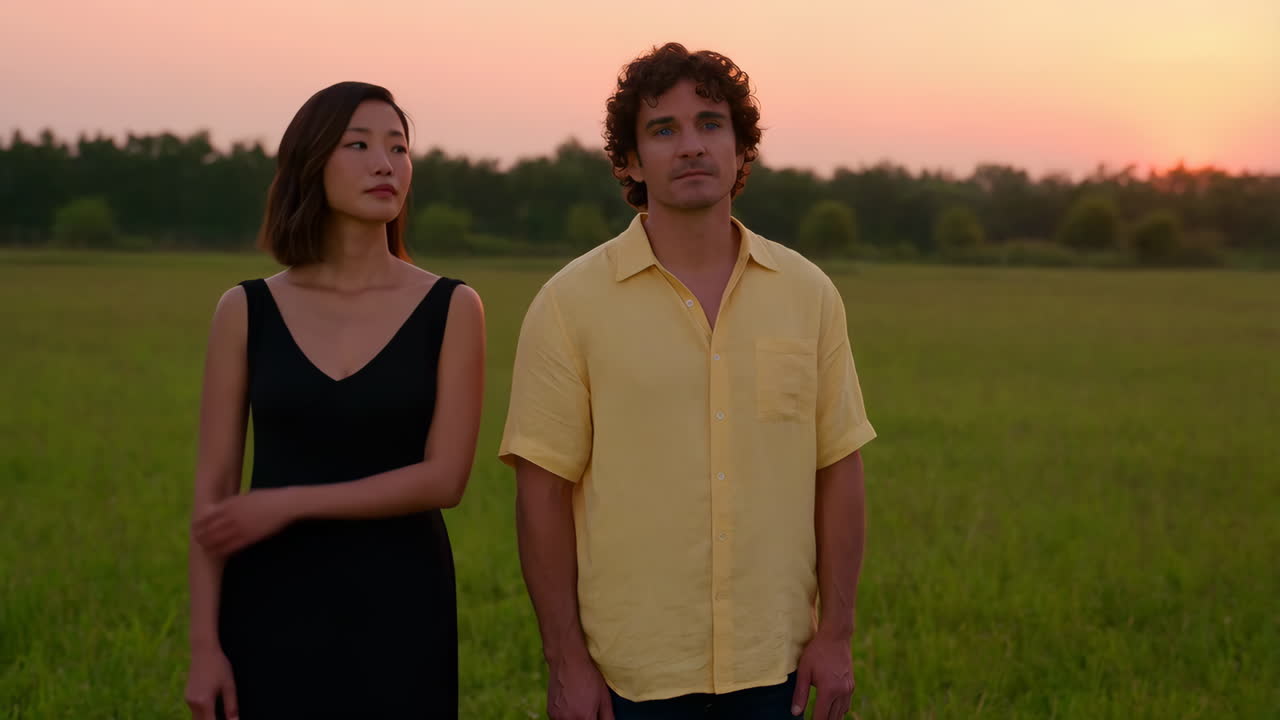 해가 지는 동안 들판 에 서 있는 부부