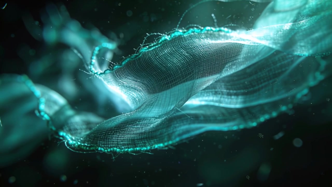 Drifting teal woven ribbon opening across dark studio space, frames causing glowing rim and specks