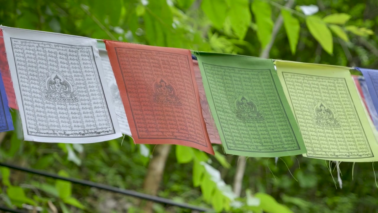 Slow cinematic slider over Buddhist flags at Thai Temple