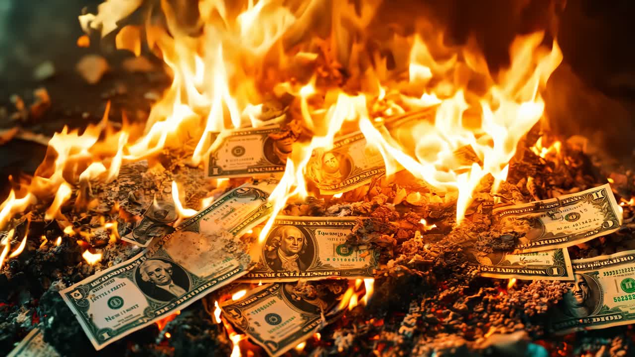 A pile of money on fire with a lot of money in it